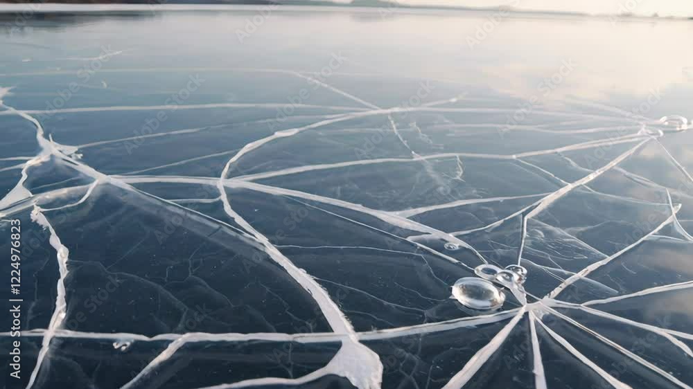 Poster Smooth frozen lake surface displays intricate crack patterns resembling a spiderweb, with several air bubbles trapped beneath the ice, creating a mesmerizing natural artistry