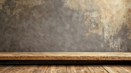 Empty vintage wooden stage against textured wall with dramatic lighting. Perfect for product display, art gallery presentations and retail design.
