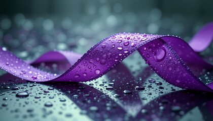 Purple ribbon on a reflective surface with bokeh lights