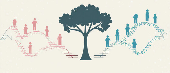 Obraz premium Heredity diagram illustrating family tree with DNA symbols, showcasing genetic connections and lineage. visual represents complexity of inheritance and relationships