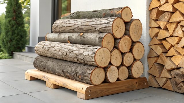 The image shows a stack of logs, some with bark and some without, on a wooden pallet. 