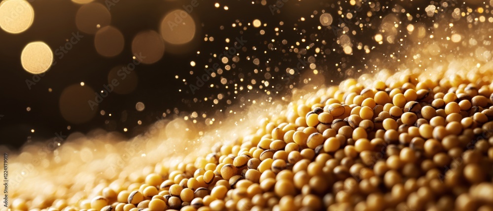 Poster golden mustard seed pile with bokeh effect and sparkling light on dark background