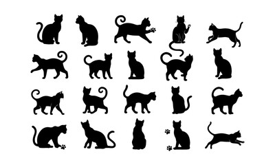 Fototapeta premium Black cat silhouettes in various poses, isolated on white background. Perfect for logos, decals, apparel design. Elegant, sleek feline figures showcasing minimalist modern art