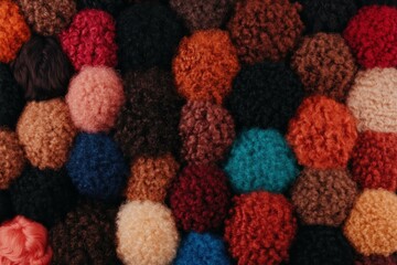 Colorful textile texture with vibrant pom poms in various shades, showcasing a diverse color palette for creative projects and interior design