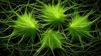 Fototapeta premium Glowing, neon-green alien plant structures with intricate, hair-like tendrils stretching in all directions against a deep black background - AI Generated Digital Art.