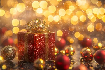 Red Christmas gift box and baubles on background of defocused golden lights.