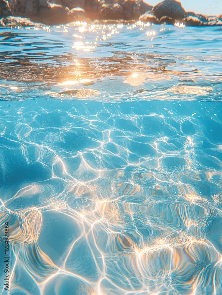 Poster sunlight dancing through clear water creating beautiful patterns under the sea surface