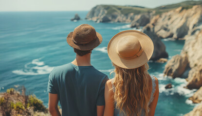 A couple stands hand in hand, gazing at the mesmerizing ocean view. Sunlight reflects off the water as they enjoy the serenity of the coastal cliffs on a warm day