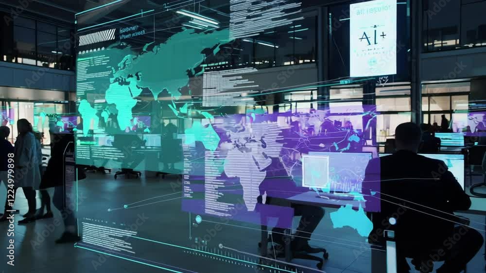 Poster Futuristic surveillance center uses ai powered software displaying interactive world map, analyzing data streams, and tracking global network activity with holographic projections