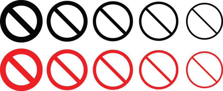 Set of stop sign icons. Stop sign vector icon set. Red and black circle sign stop entry ang slash line isolated