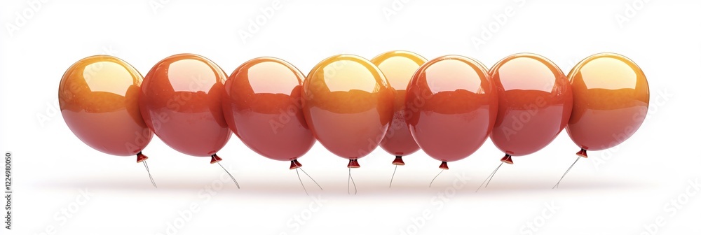 Poster row of glossy orange balloons on white background with soft light and smooth surface texture
