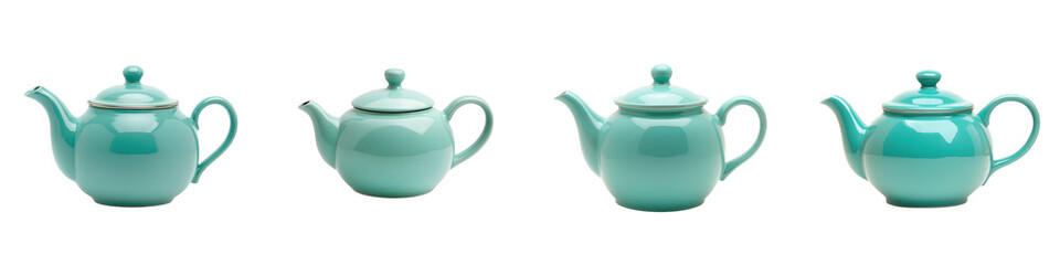 Elegant mint green ceramic teapots arranged in a row showcasing a sophisticated and timeless tableware display perfect for serving hot beverages such as tea or coffee in a cozy relaxing setting
