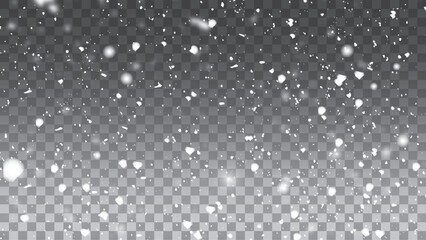 Fototapeta premium Realistic falling snow with snowflakes and clouds. Vector heavy snowfall,