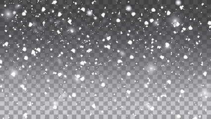 Realistic falling snow with snowflakes and clouds. Vector heavy snowfall,