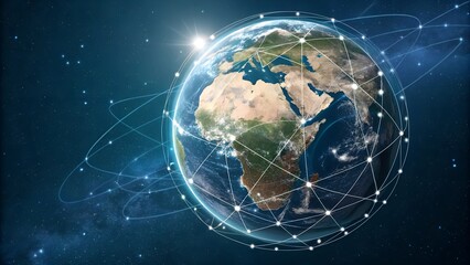 Fototapeta premium The image features a digital rendering of the Earth, with a network of interconnected lines and dots overlaying it