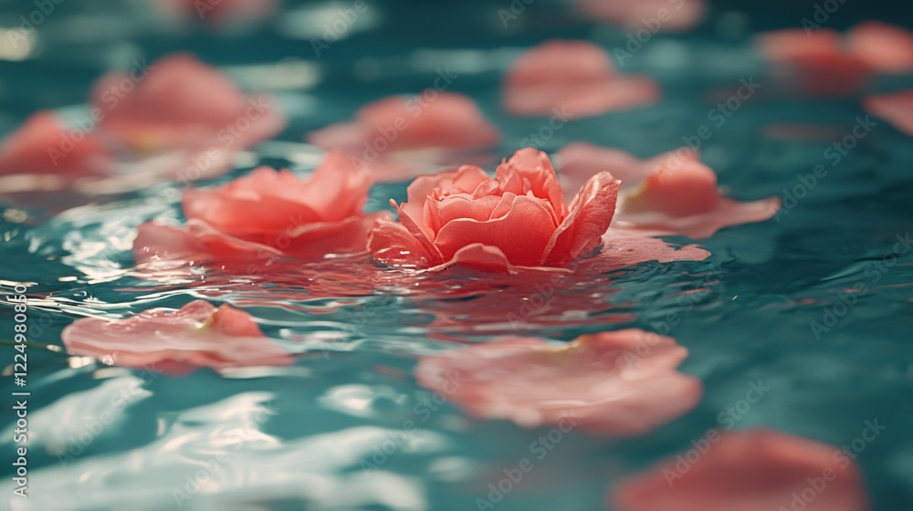 Poster pink flowers floating on water surface creating a serene and calming scene with soft light