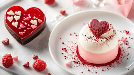Romantic Valentine's Day Desserts – Heart-Shaped Chocolate Cake and Raspberry Mousse with Red Velvet Garnish and Heart Decorations on White Plate