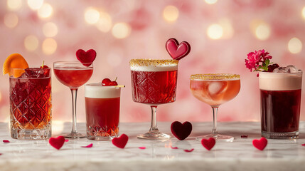 Valentine's Day Romantic Cocktails with Heart Garnishes on Elegant Table