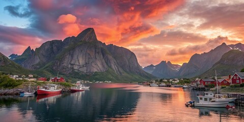Surreal Lofoten Sunset: Dreamlike Colors Over Reine, Moskenes, Norway