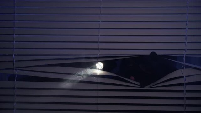 robbery, man in balaclava shines flashlight through blinds at night looking for cheap items, close-up