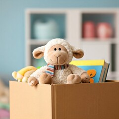 Fototapeta premium A soft plush sheep with a cute scarf sits in a cardboard donation box filled with children's books and toys. A cozy and touching scene symbolizing childhood, generosity and charity.