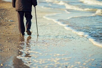 Walking on the beach along the waters edge.