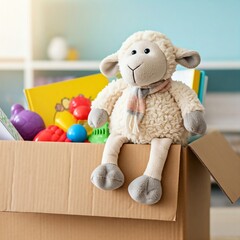A soft plush sheep with a cute scarf sits in a cardboard donation box filled with children's books and toys. A cozy and touching scene symbolizing childhood, generosity and charity.