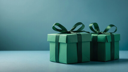 green gift boxes on blue copyspace background