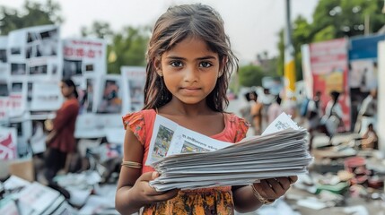 A Young Girl Selling Newspapers in India