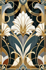 Luxurious Art Deco pattern with golden floral elements on a dark background