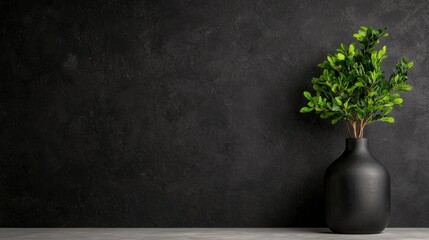 Green plant in black vase against dark wall; home decor, minimalist background