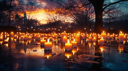 Beautiful candlelight vigil during sunset with hundreds of glowing candles floating on water.