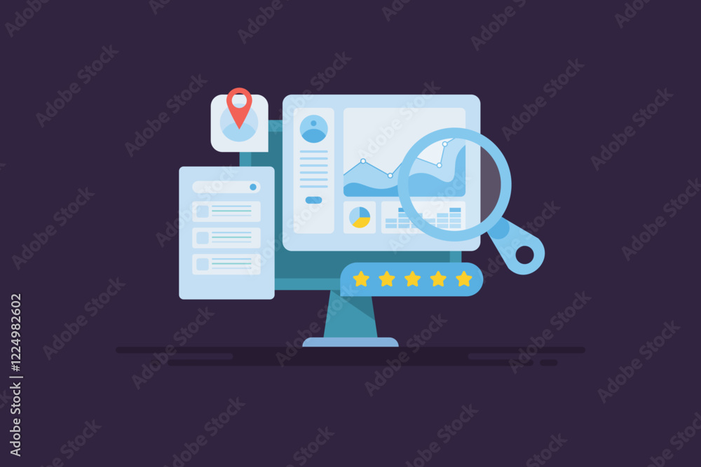 Aufkleber analytics data monitoring software, website traffic growth insights on dashboard screen, vector illu