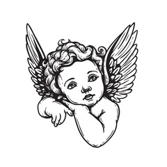 Fototapeta premium Hand drawn sketch style Cupid with wings. Cherub, Amur in engraving style. Angel character. Vector illustration on white background.