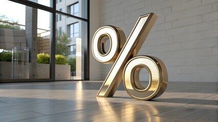 The image presents a 3D rendering of a large, golden percentage sign (%) prominently displayed on a reflective floor inside a modern room.