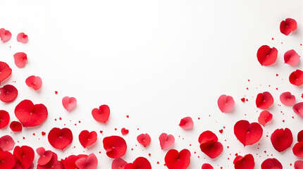 love valentine background with red petals of hearts on white background