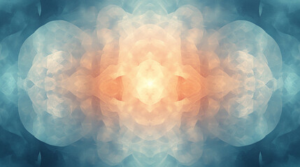 A colorful abstract painting with a blue background and orange and yellow shapes