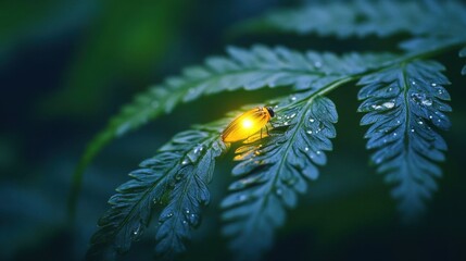 A glowing firefly on a fern.