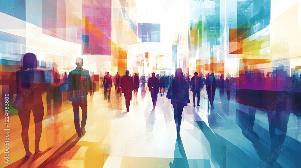 Poster abstract depiction of a lively business expo capturing the essence of innovation and networking in t