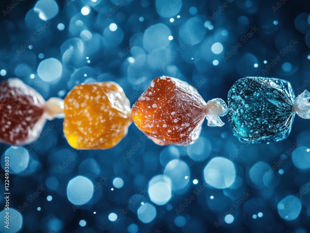 Poster colorful wrapped candies on a string with bokeh lights in the background festive and bright