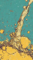   A close-up of yellow and blue liquid on a yellow and blue surface with bubbles, against a blue sky in the background