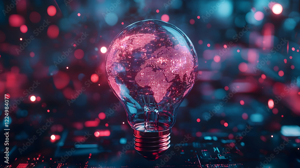 Poster abstract light bulb with holographic globe and tech elements symbolizing global innovation -