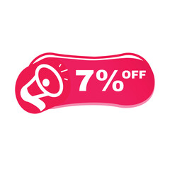 7 percent off, vector element, banner symbol modern design with megaphone label. Red graphic.