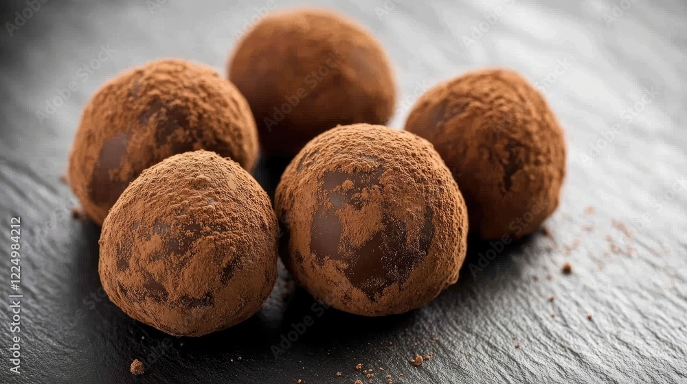 Poster a cluster of chocolate truffles dusted with cocoa powder on a slate background.