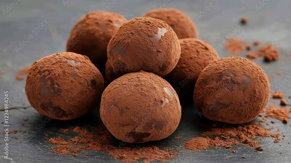 Poster a cluster of chocolate truffles dusted with cocoa powder on a slate background.