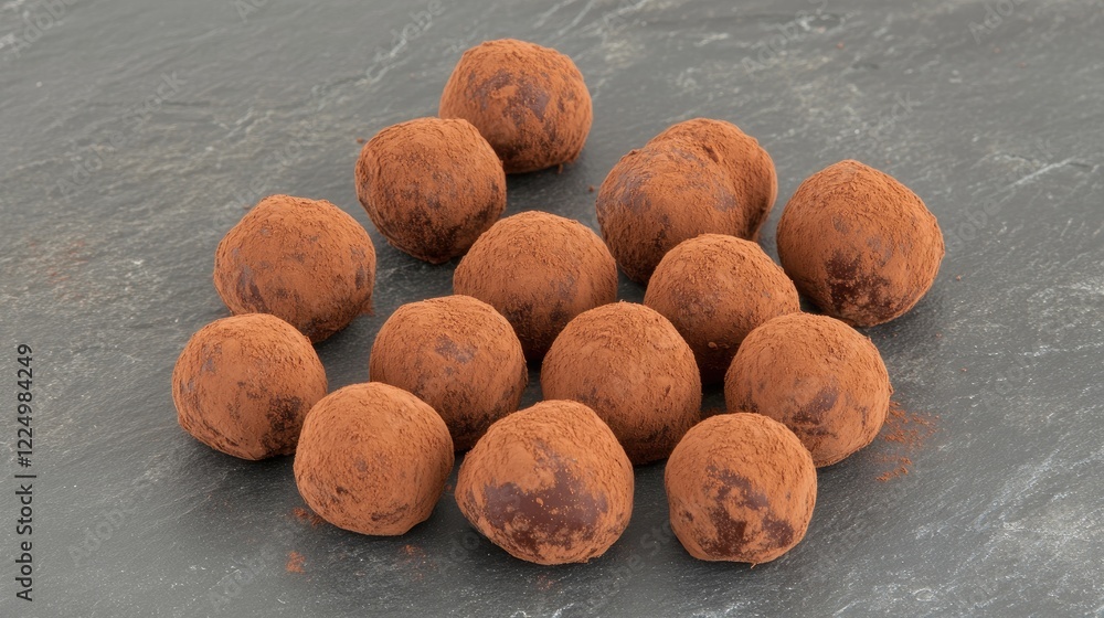 Poster a cluster of chocolate truffles dusted with cocoa powder on a slate background.