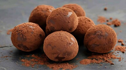 A cluster of chocolate truffles dusted with cocoa powder on a slate background.