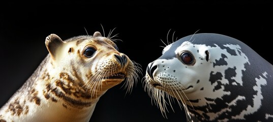 Obraz premium Two Seals on Black Background Close-Up of Aquatic Animals Showing Affection and Playfulness