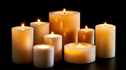 A collection of pillar candles in varying sizes, glowing warmly in a dimly lit setting.