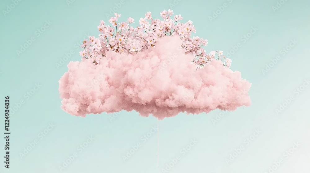 Aufkleber a pink cloud floats in the sky with a bunch of daisies in its midst and a string of daisies hanging 
